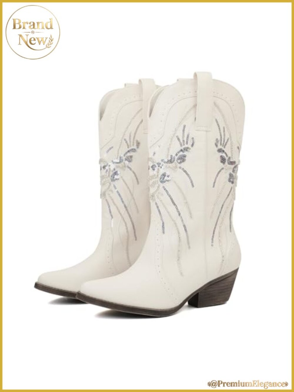 Sequin Embroidered Women's Cowboy Boots Mid-Calf Pull-On Western